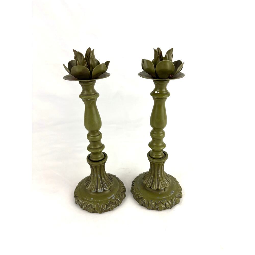 Pair‎ Antique Green Enameled Cast Iron Candlestick Holder Ornate